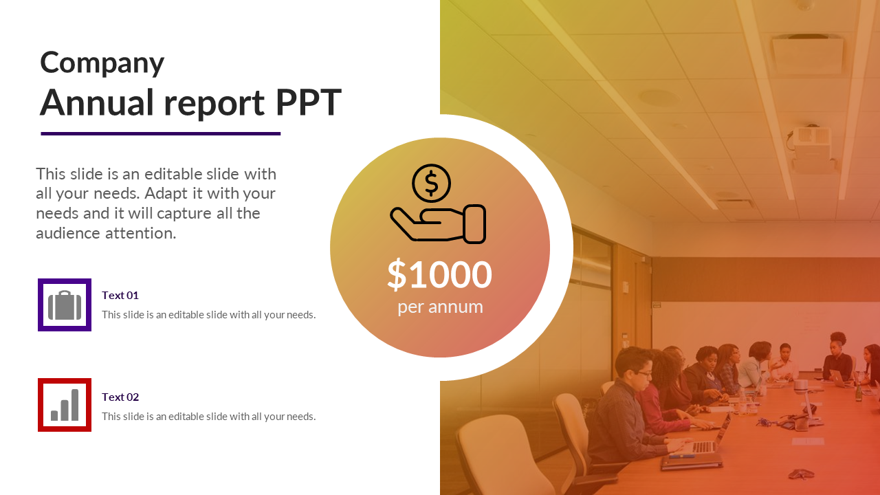 Annual report PowerPoint template featuring financial icon, yearly revenue, and a business meeting background image.