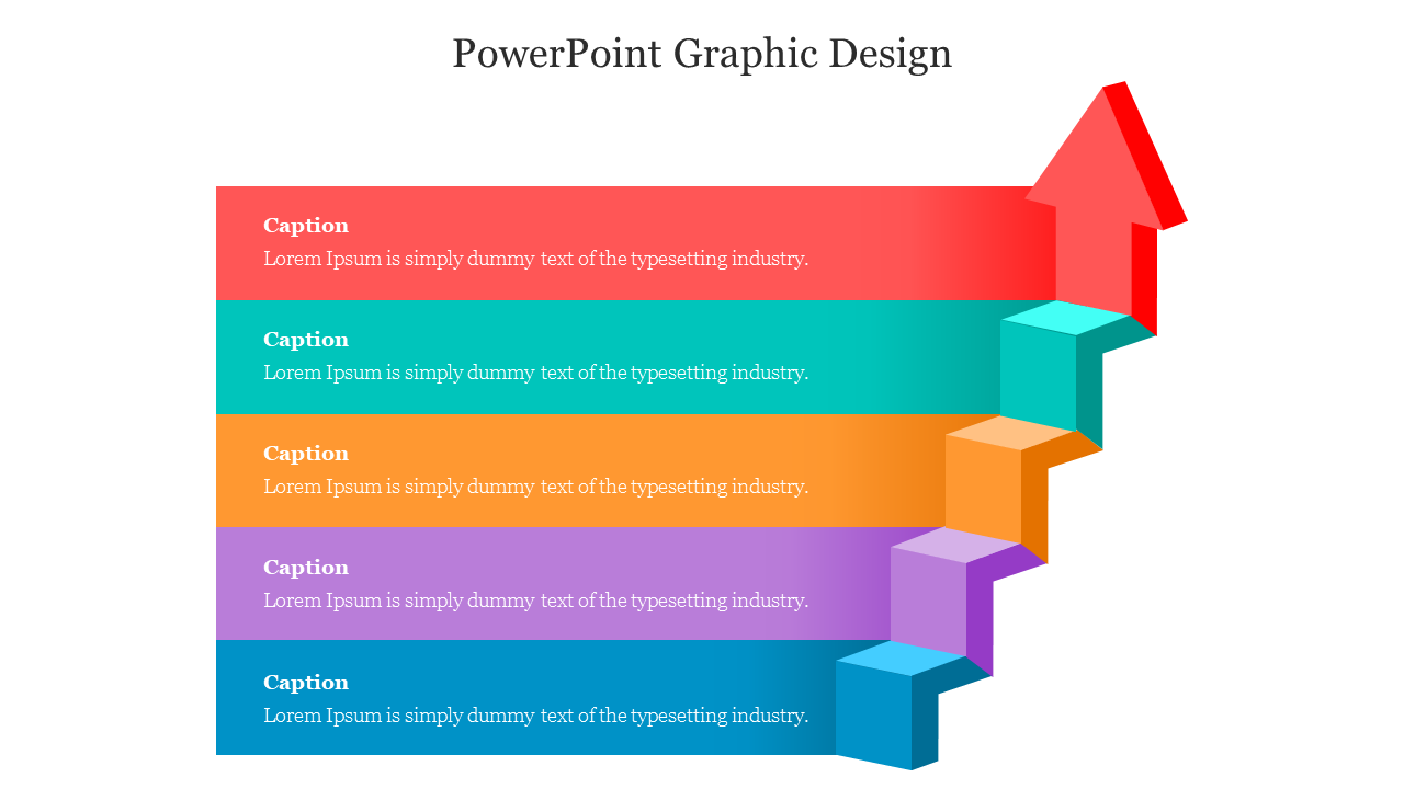 Colorful graphic design slide featuring stacked gradient blocks with a large red upward arrow with text captions.