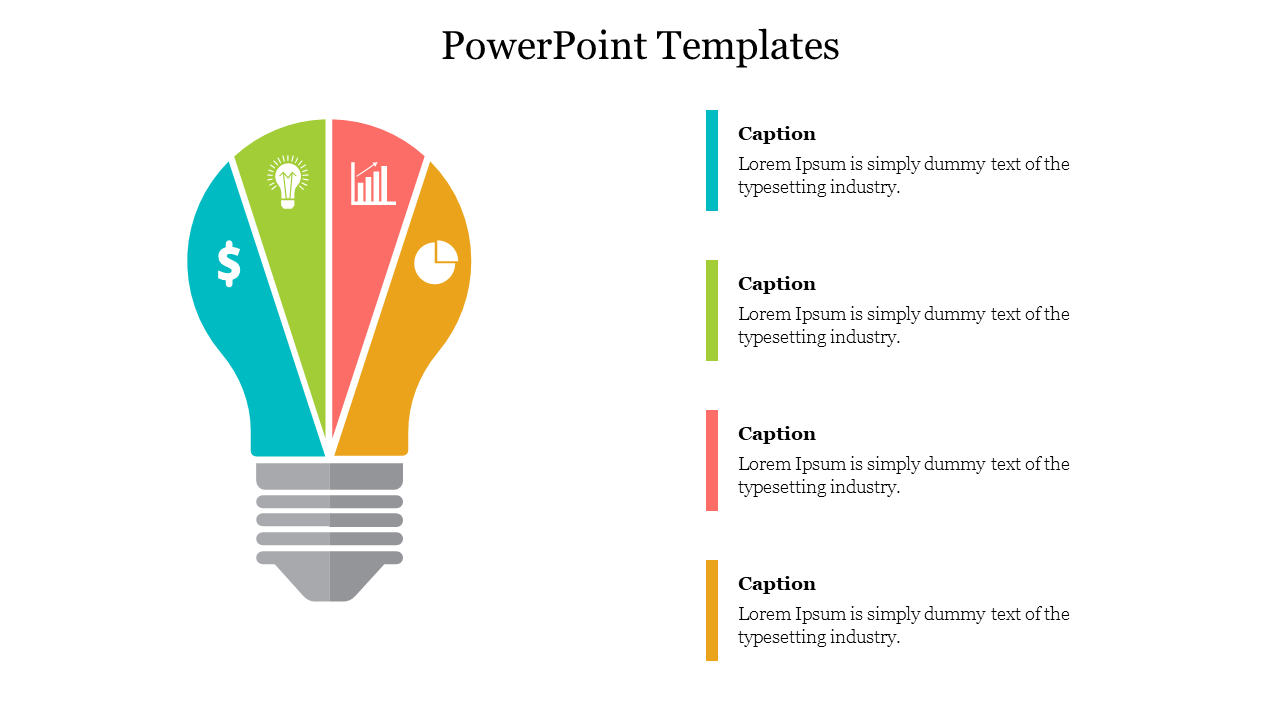 Segmented infographic light bulb in teal, green, red, and yellow with icons, paired with matching colored text sections.