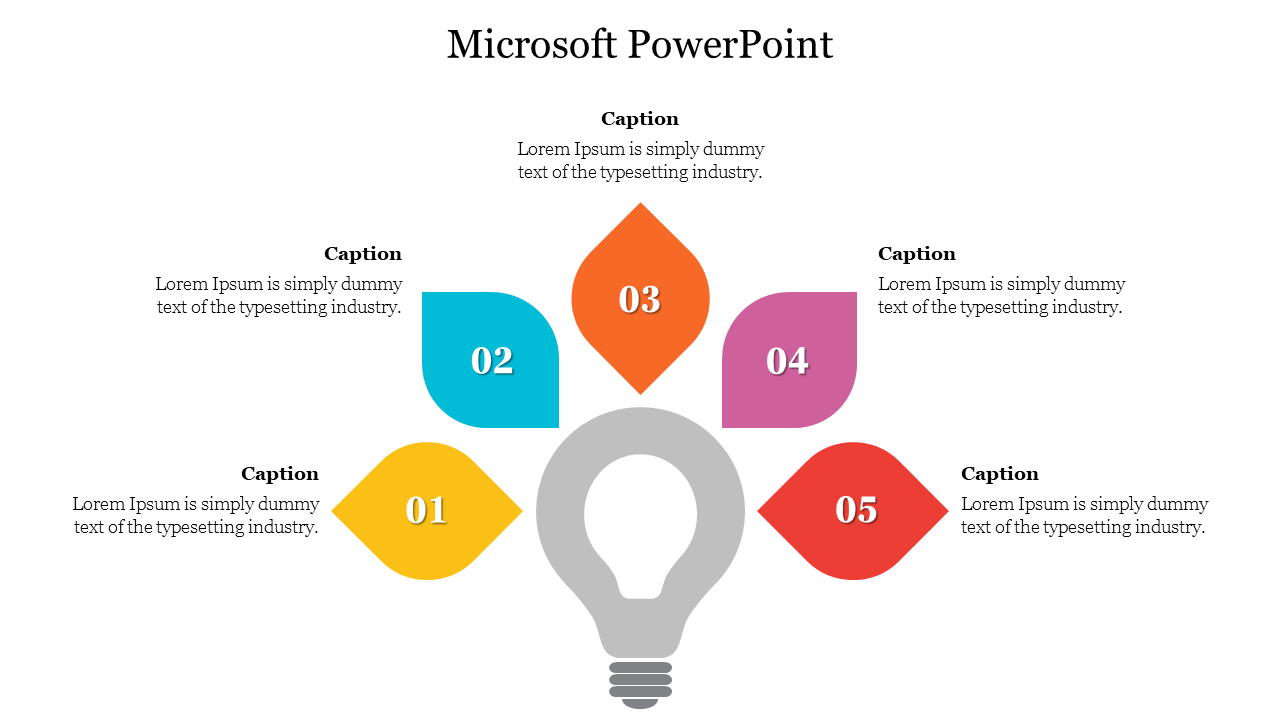 Microsoft PPT template with a lightbulb in the center and colorful shapes surrounding it with captions on a white backdrop.