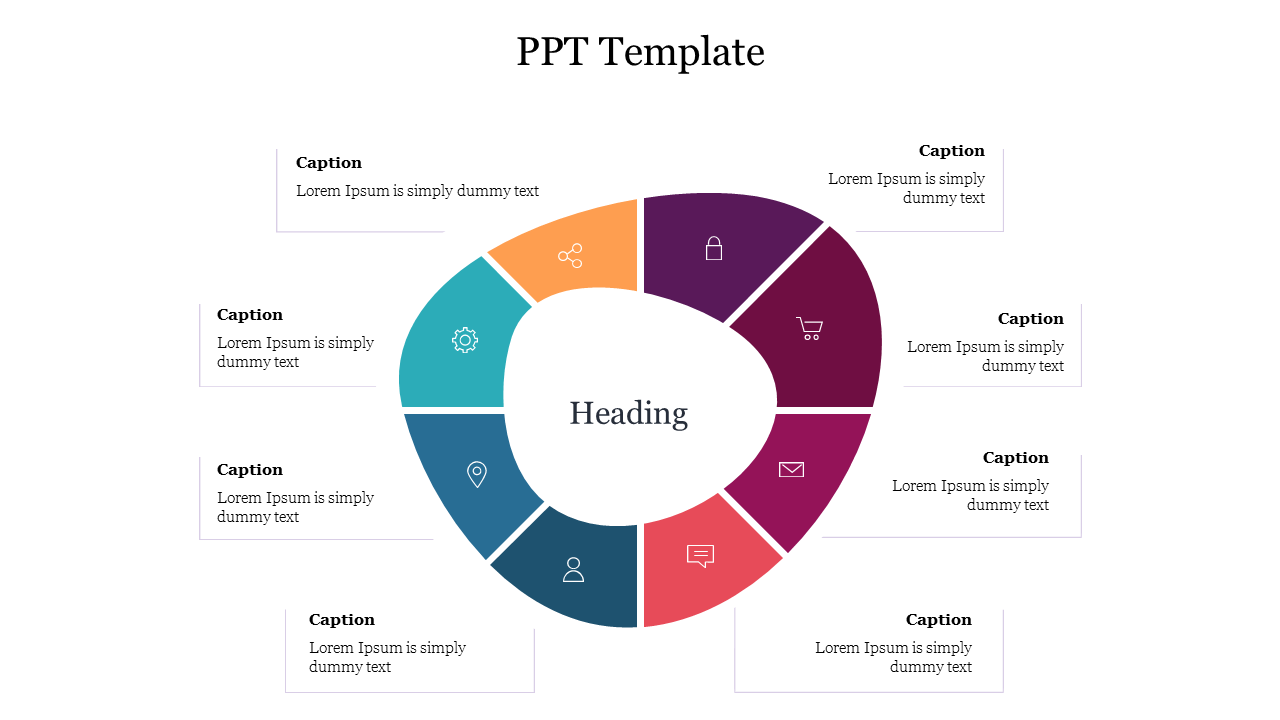 PPT template with a circular diagram in the center and eight labeled sections surrounding it with captions on a white theme.