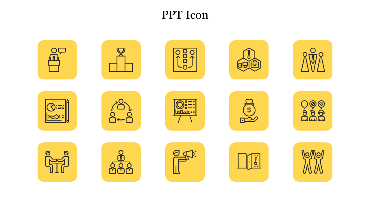 Grid layout with fifteen yellow icons representing various business and professional concepts including graphs and teams.