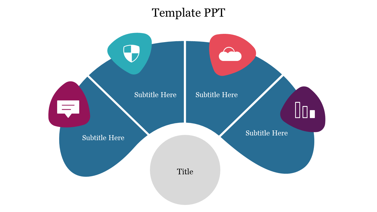 PPT template with a central circle surrounded by four colorful icons and text boxes on a white backdrop.