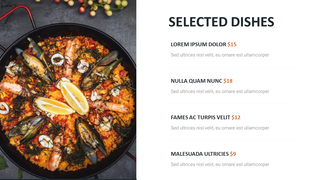 Seafood paella with lemon wedges, shrimp, and mussels next to a list of selected dishes and prices.