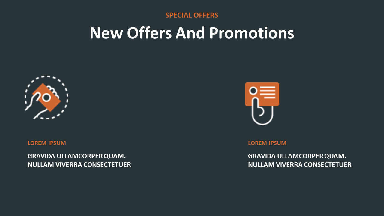 Slide with two orange icons representing offers and promotions, with text below, on a dark background.