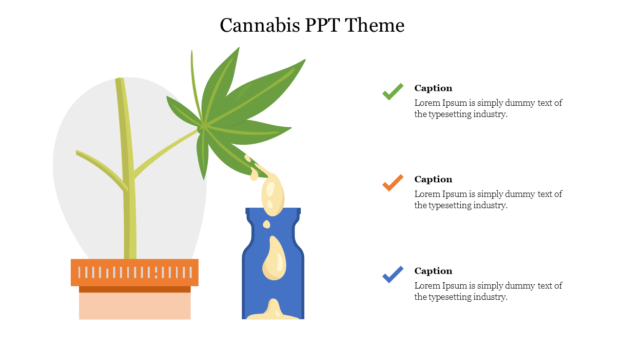 Cannabis themed slide featuring a plant and oil in a decorative bottle with three captions.