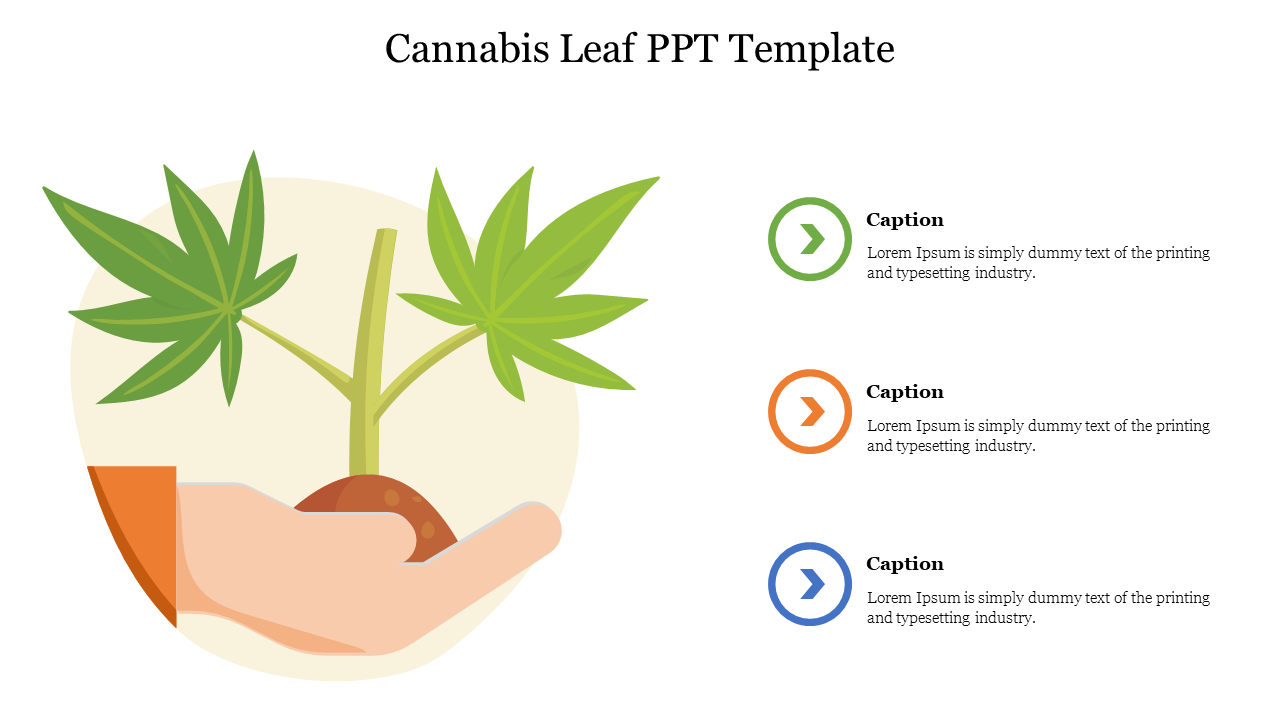 Illustration of a hand holding a small cannabis plant with three text captions.