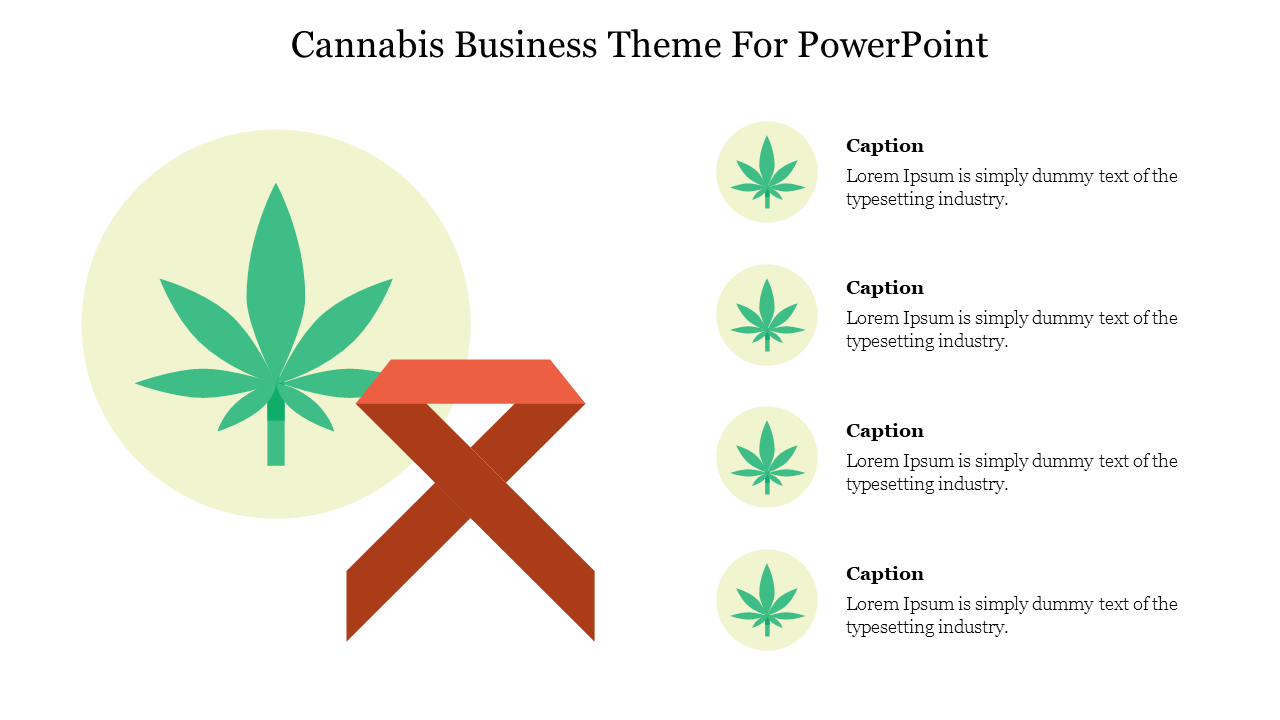 Slide featuring a large cannabis leaf graphic with sections for captions.