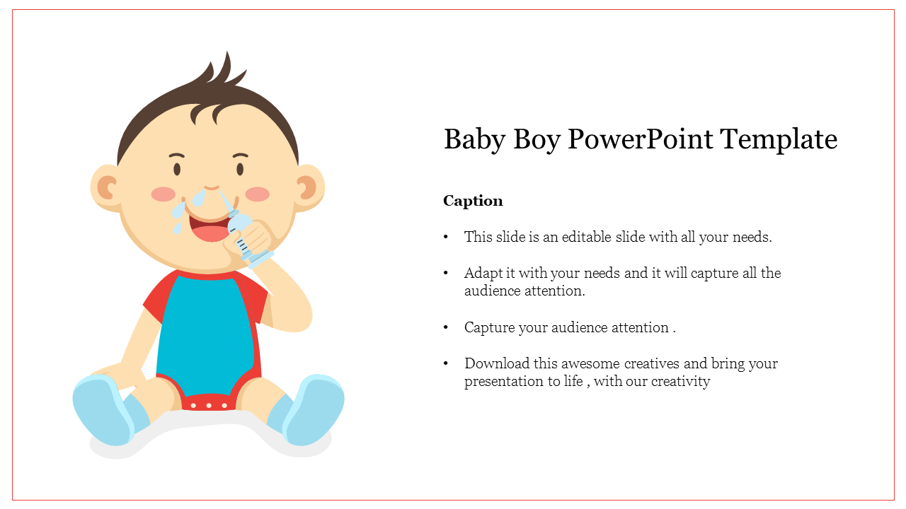 Cute baby boy cartoon holding a bottle, with text placeholders on a white background.