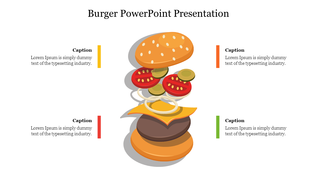 Illustration of a deconstructed burger with layers including bun, patty, and toppings, and four captions on both sides.