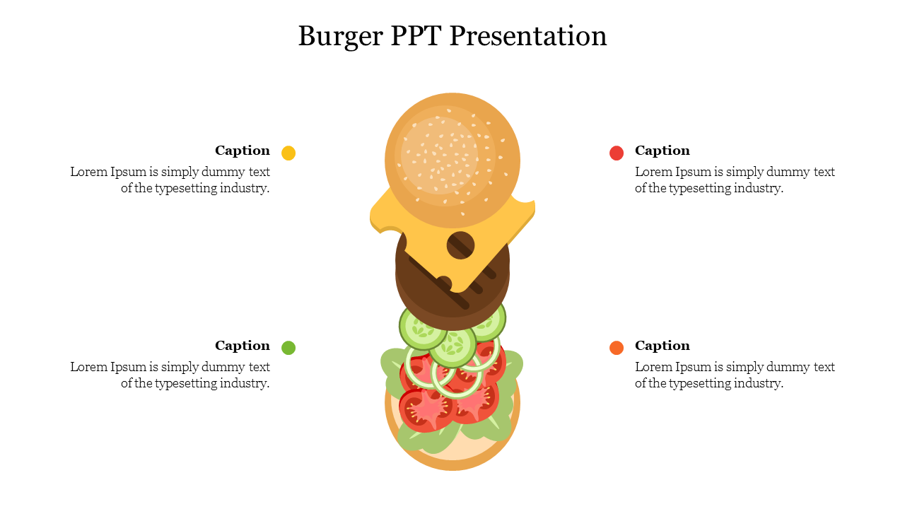 Colorful burger slide featuring a stacked burger illustration with caption areas.