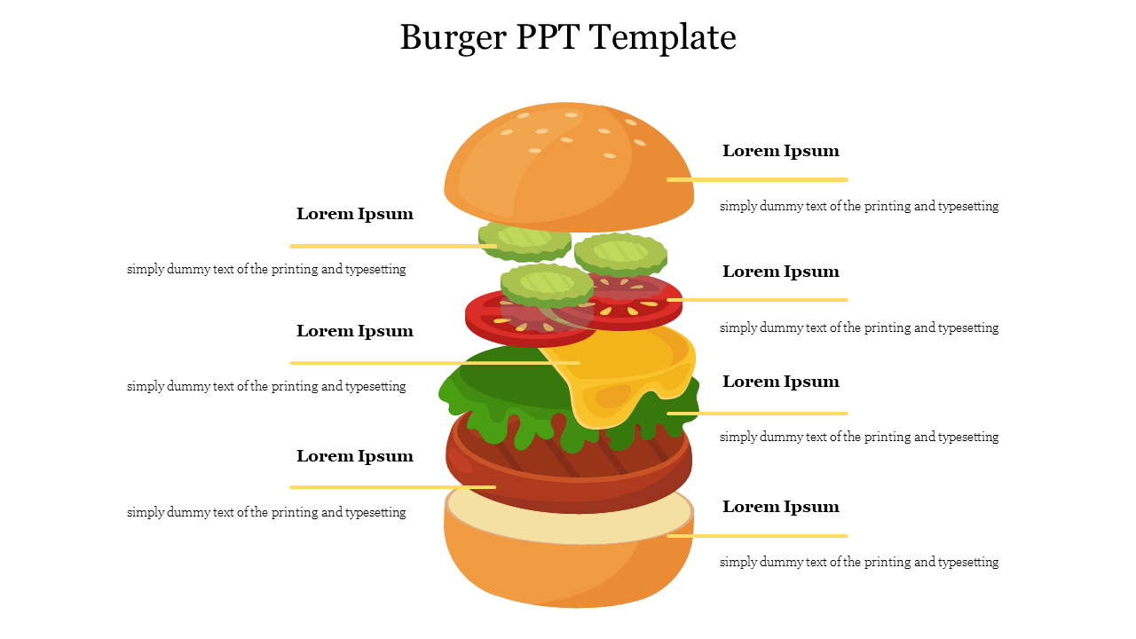 Colorful burger slide featuring layers of ingredients with placeholder text for each section.