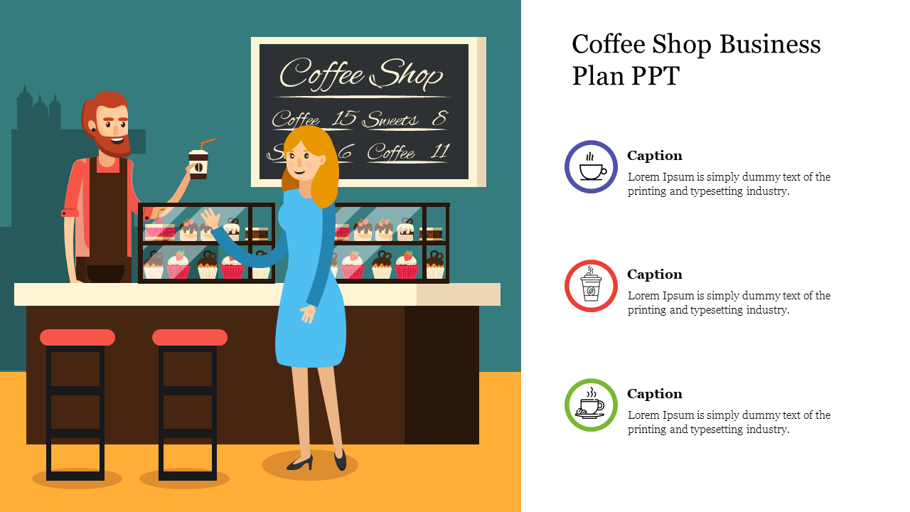 Coffee shop setting with a barista and customer interaction and three circular captions with icons on the right.