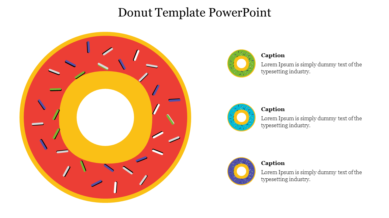 Illustration of a bright red donut with sprinkles, paired with three icons with captions on the right in different colors.