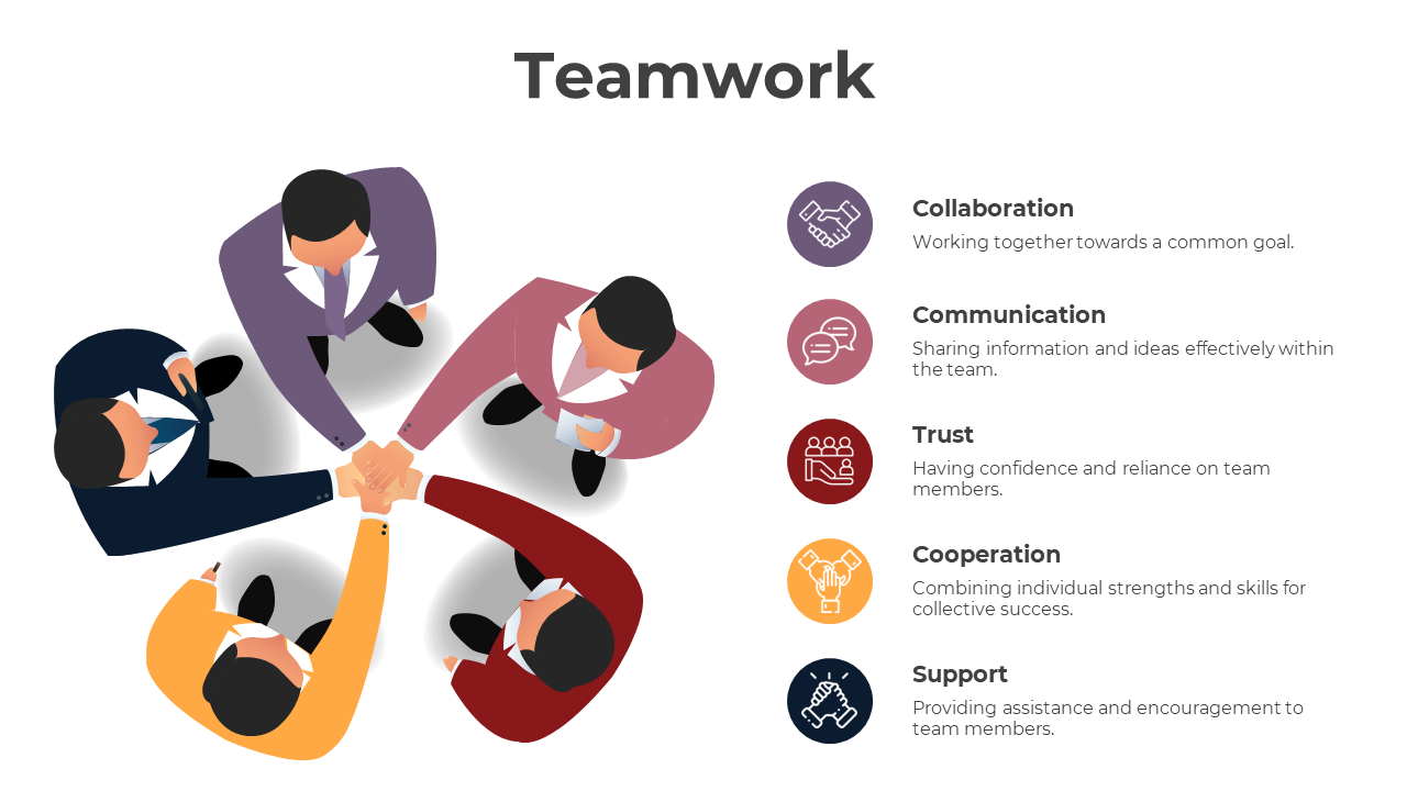 Teamwork slide showing five team members joining hands, with colorful icons and placeholder text sections.