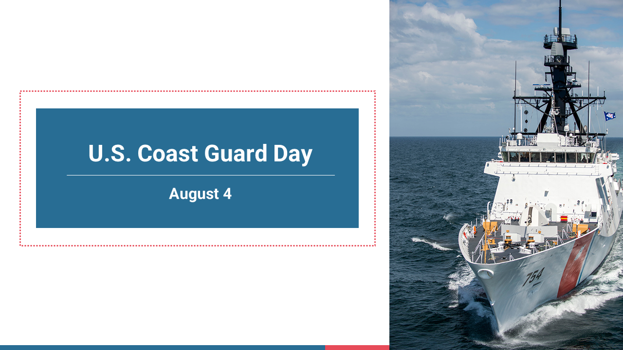 Ocean view with a Coast Guard ship on the right and text marking U.S. coast guard day on the left.