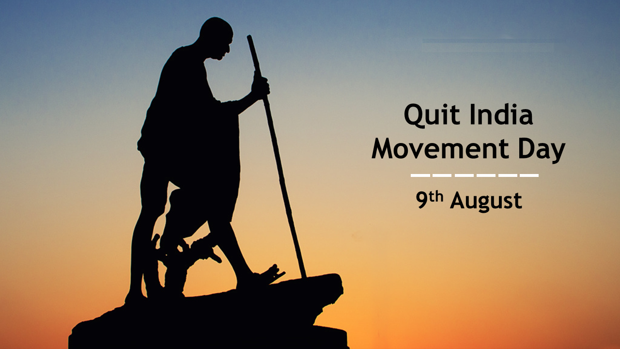 Quit india movement day slide with a silhouette of a figure holding a staff against a colorful sunset background.