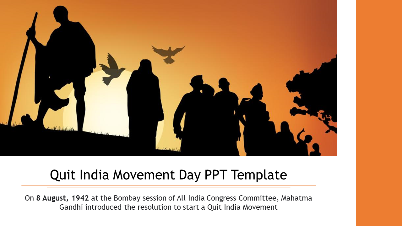 Silhouettes of people walking with Mahatma Gandhi at sunset, and text about the Quit India Movement in a white section below.