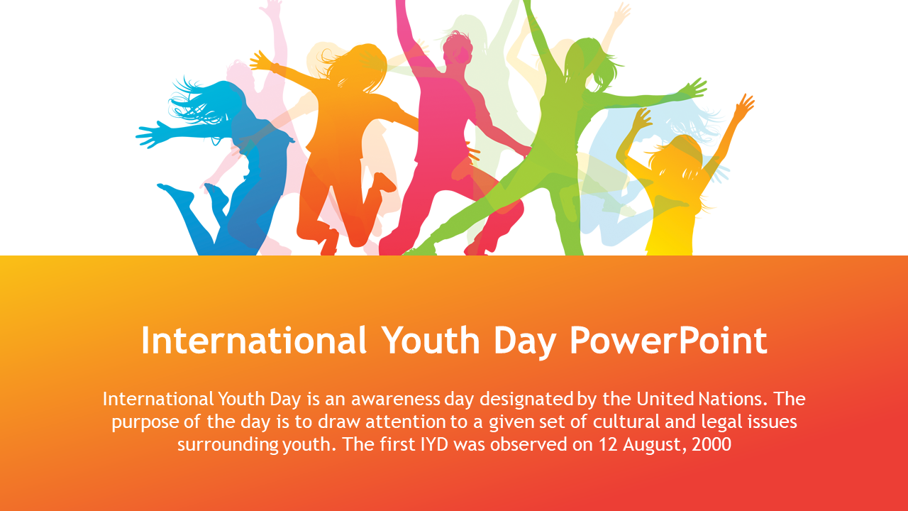 Silhouettes of joyful young people in vibrant colors, set above an orange gradient background celebrating youth day.