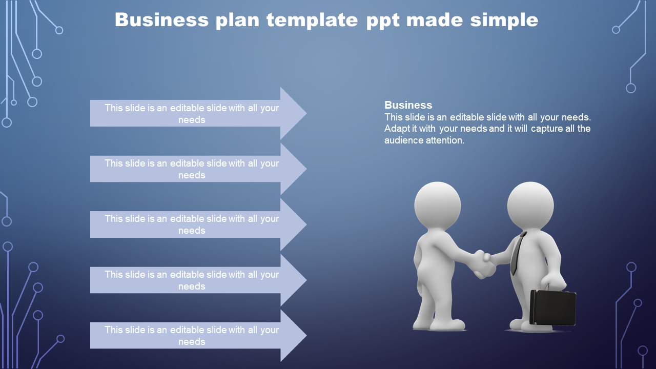 Business plan PPT slide featuring five arrows pointing right with text boxes, and a character shaking hands on the right.