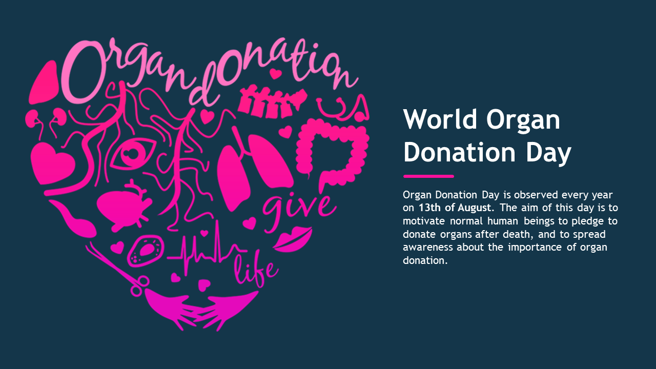 Pink organ donation symbols forming a heart shape and explanatory text about the awareness day, on a dark blue background.