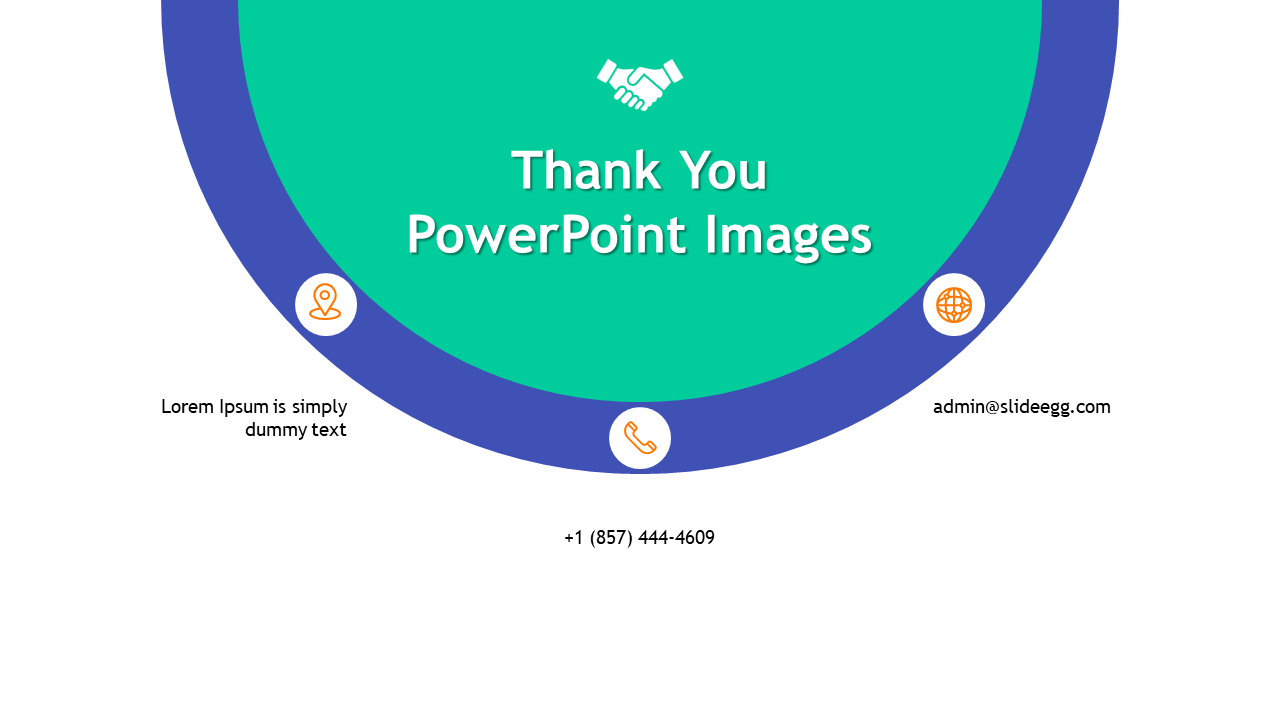 Thank you, PowerPoint slide with a handshake icon, phone number, email address, and website contact info.