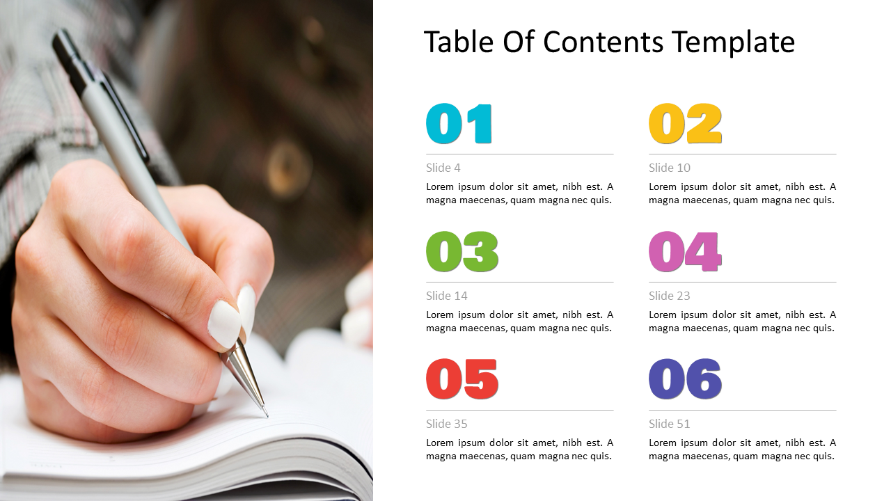 PowerPoint slide with a table of contents on the right and a person writing in a notebook on the left.