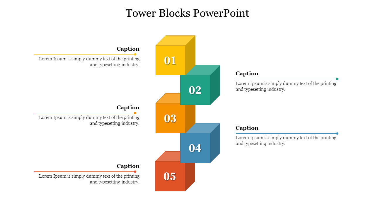 Tower block illustration with five colorful numbered cubes and each with caption areas on each side.