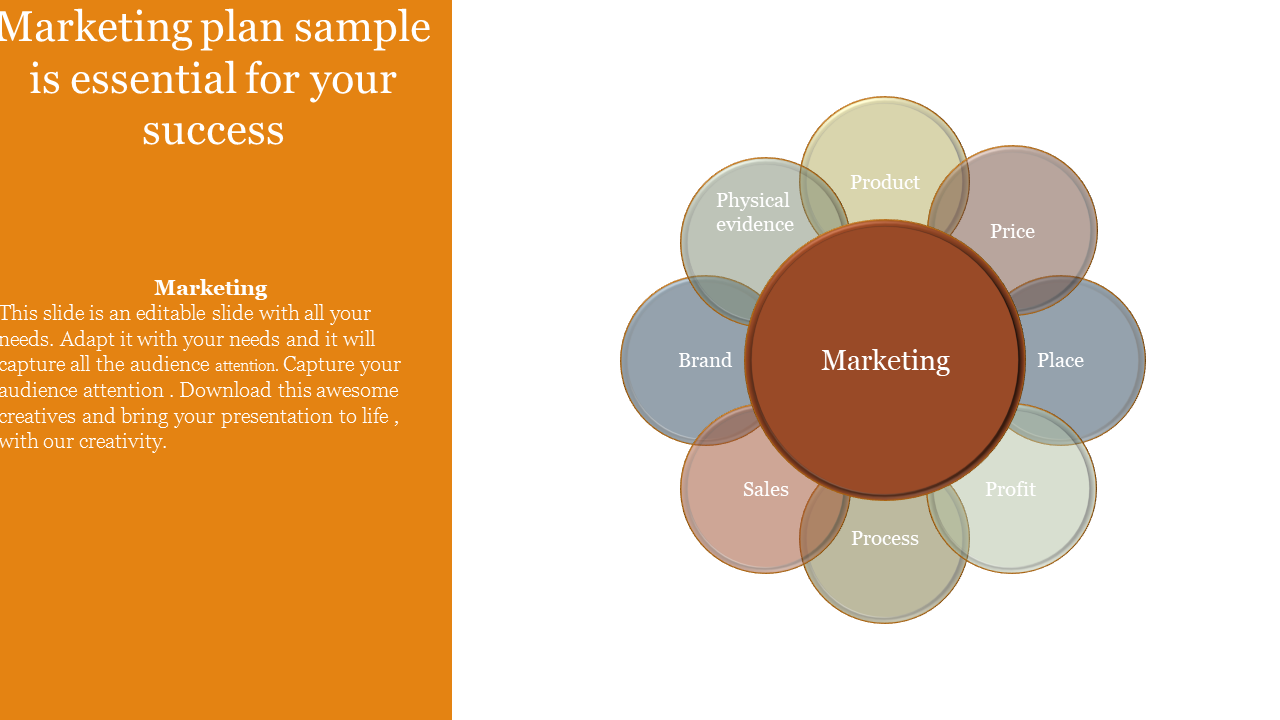 Marketing plan slide with a central bubble surrounded by eight smaller bubbles labeled with aspects with placeholder text.