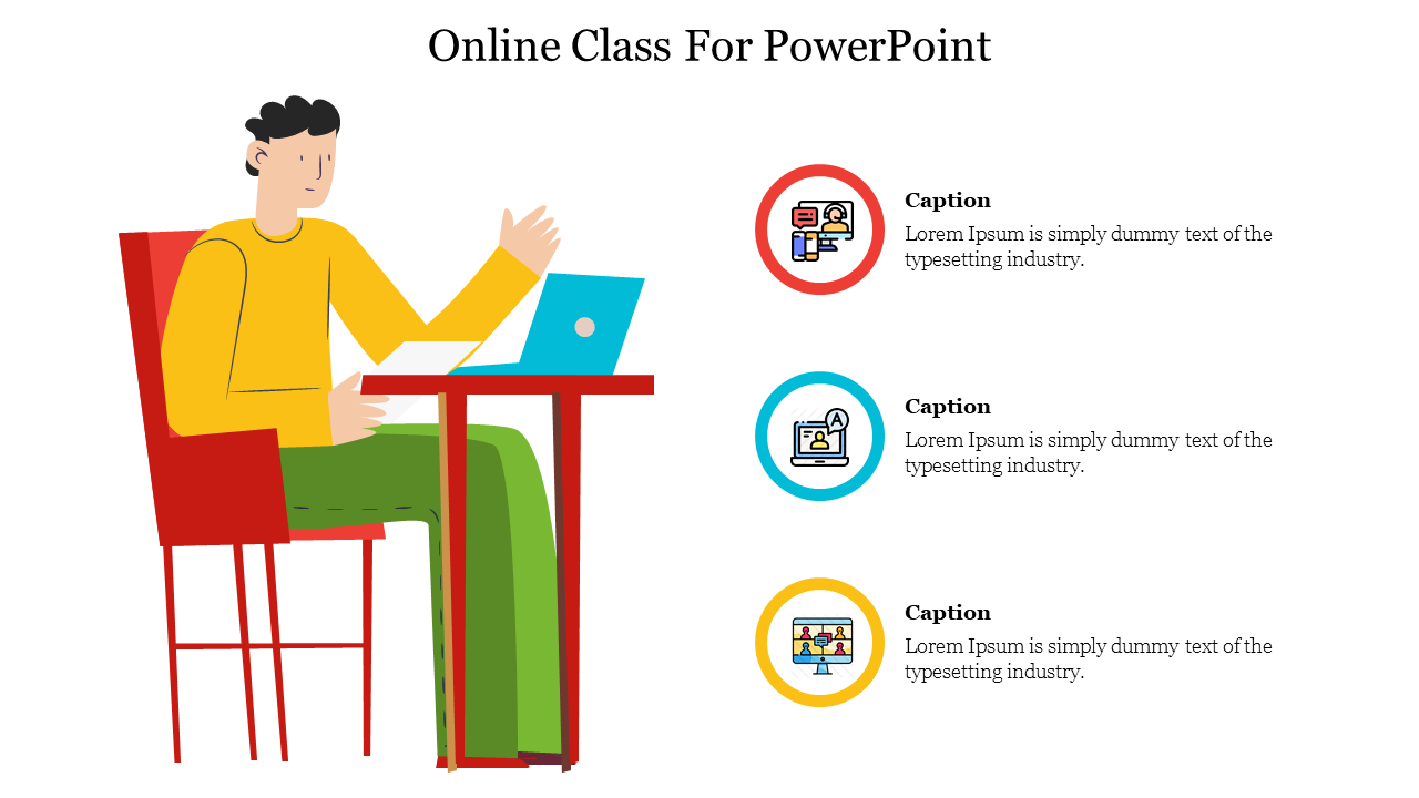 Online class illustration with a person working at a desk, accompanied by three colored icons on the right.