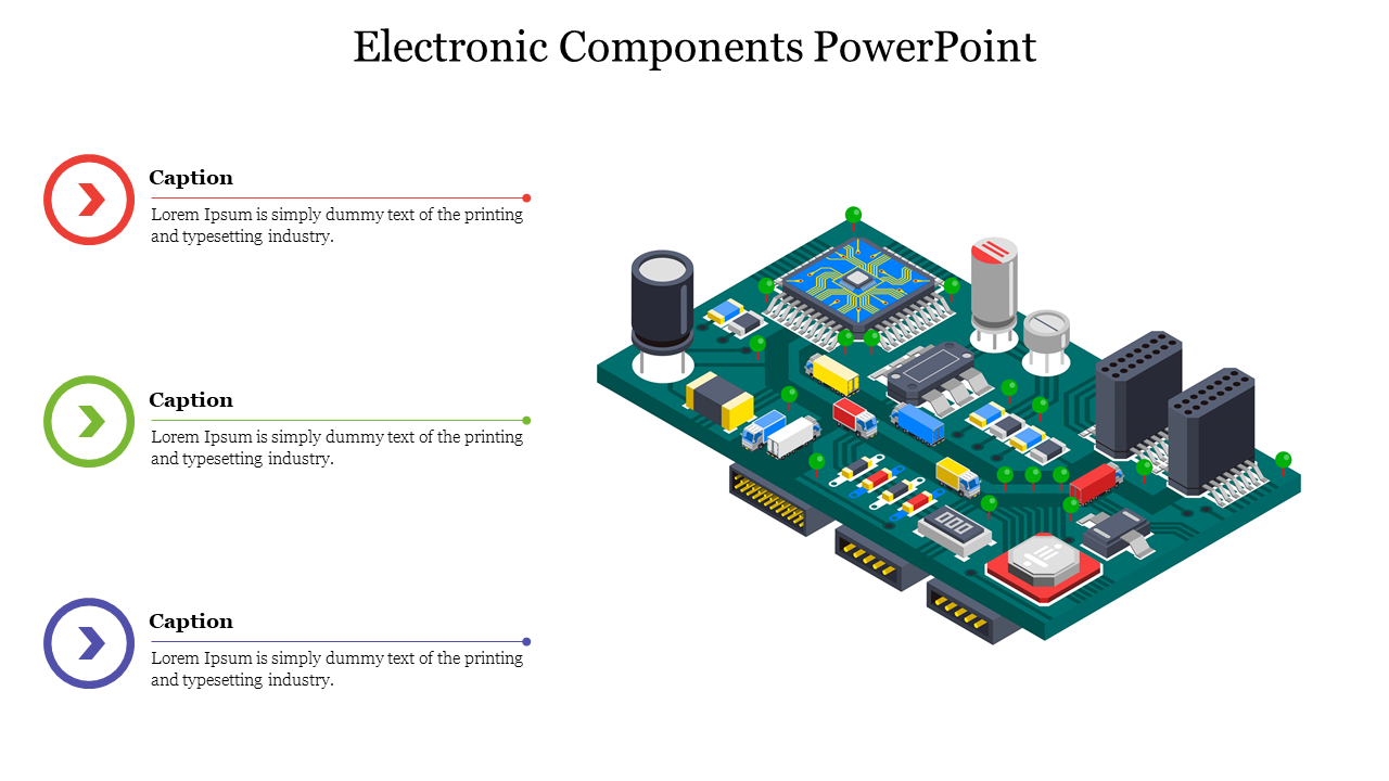 Isometric view of a green circuit board with various colorful components, with three colored captions on the left.