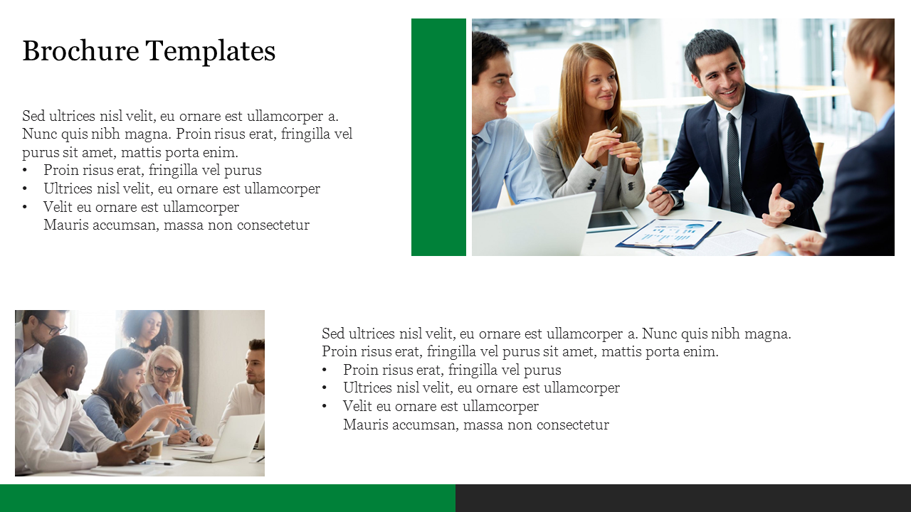 Brochure template with two business group photos, and green and black borders framing text and bullet points.