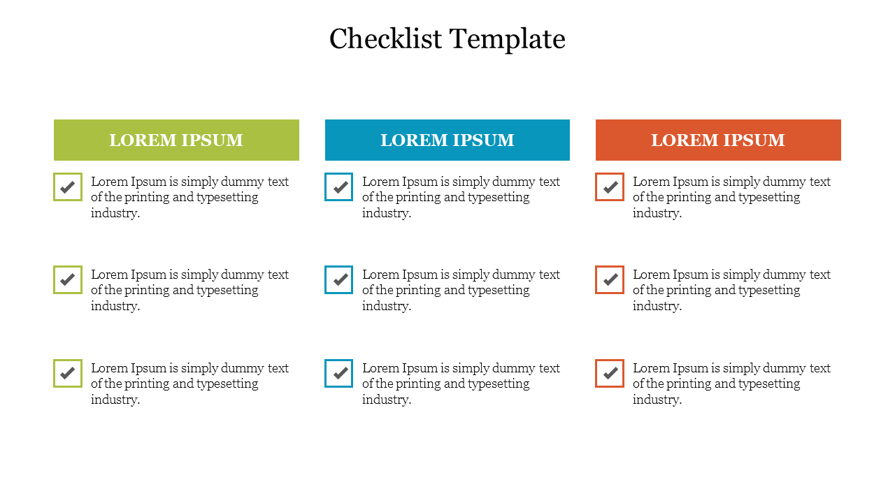 PowerPoint template displaying a checklist with colorful sections, each with a green, blue, and orange checkbox.