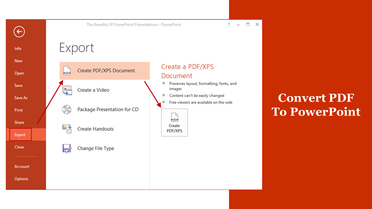 Slide showing how to convert PDF to PowerPoint with instructions for creating a PDF XPS document from the Export menu.