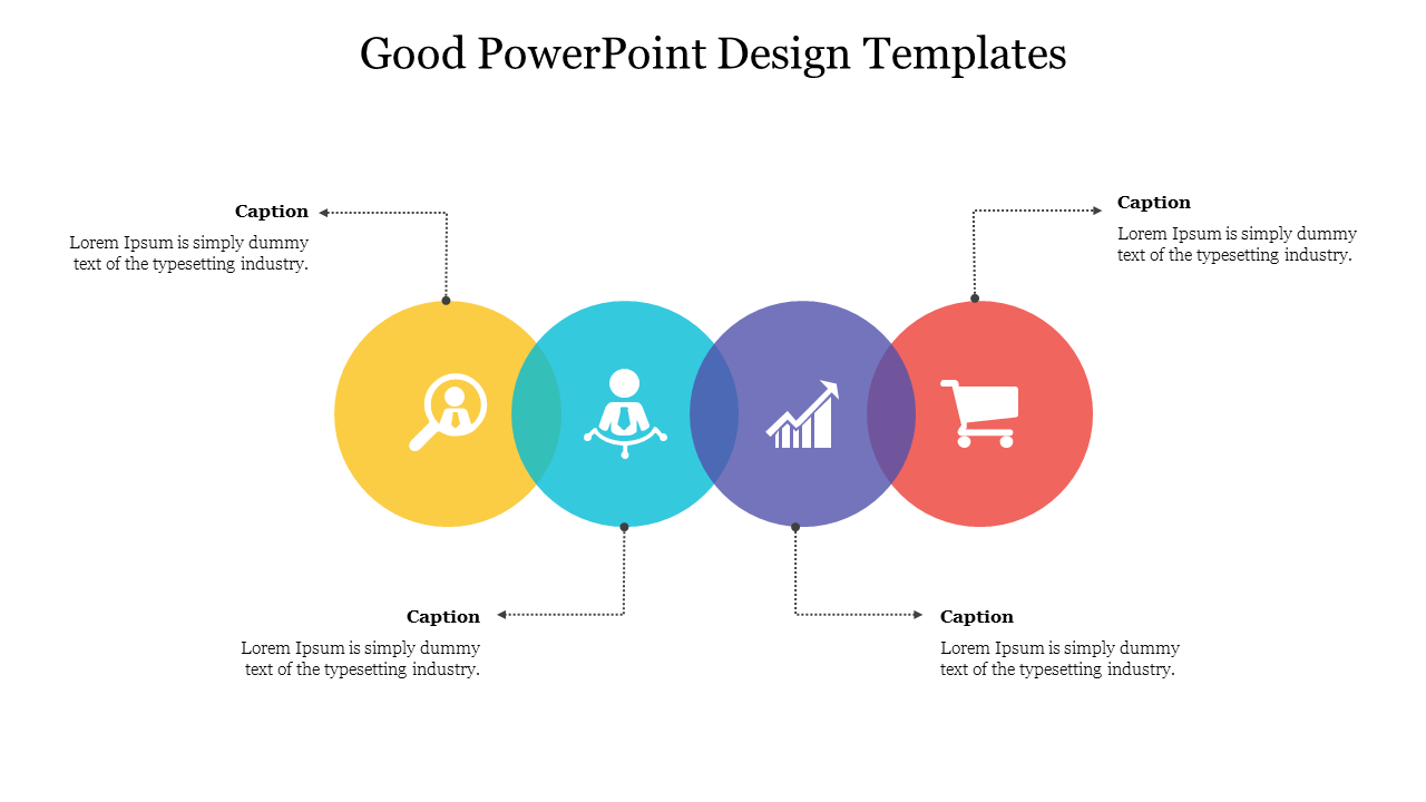 Colorful PPT design slide showcasing color coded icons with four captions with placeholder text.