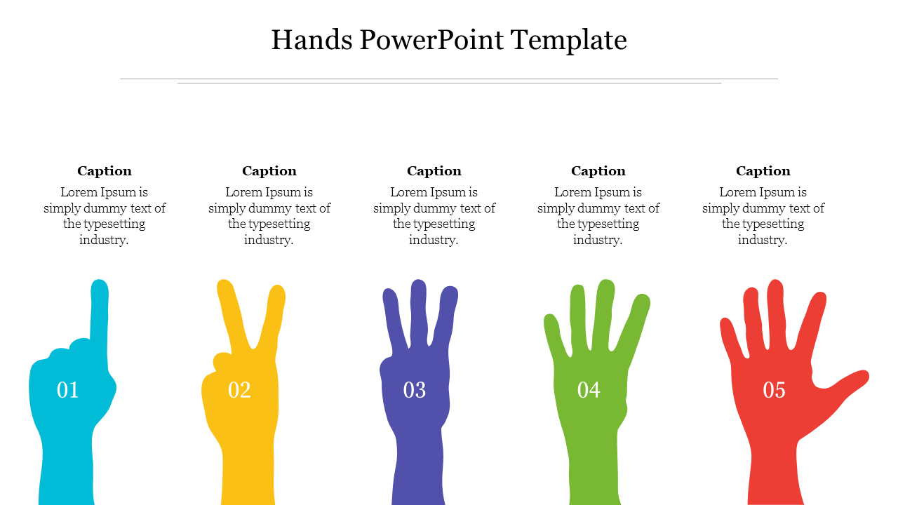 Five colorful hand silhouettes in teal, yellow, purple, green, and red, each showing a different number of raised fingers.