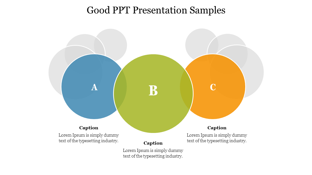 Good PowerPoint template with three colorful overlapping circles labeled A, B, and C, each accompanied by a caption.