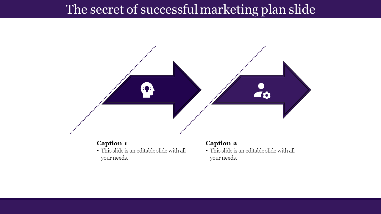 Professional slide layout with two purple arrows, featuring icons, and placeholders to describe the process.