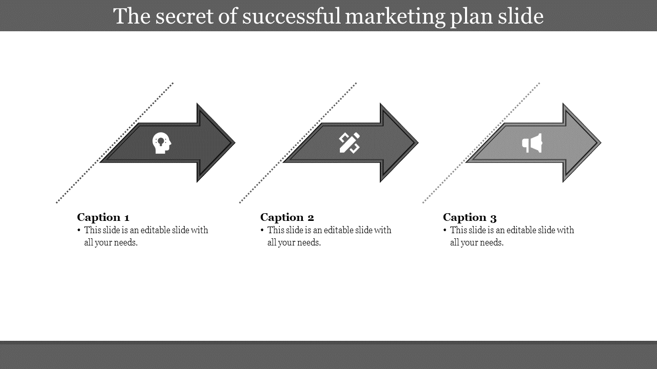 Three step marketing plan slide with gray arrows, featuring distinct icons and caption placeholders for each stage.