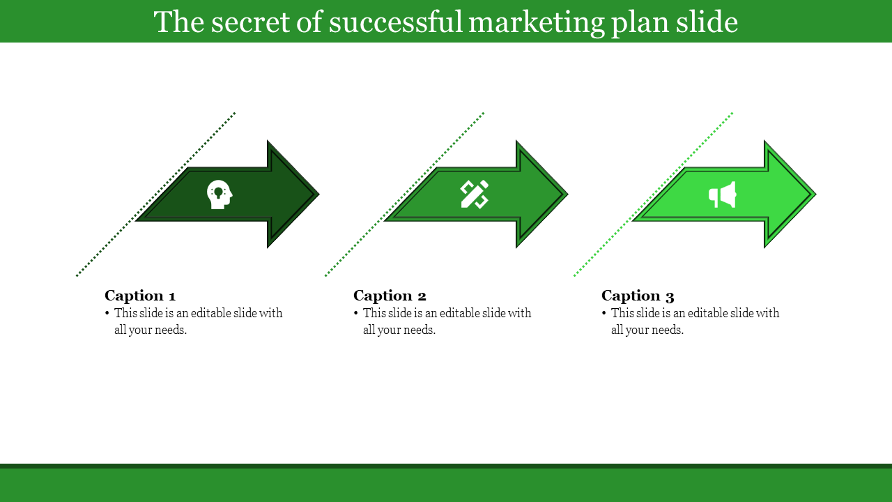 Business and marketing plan slide with three green arrows, icons, and captions with placeholder text.