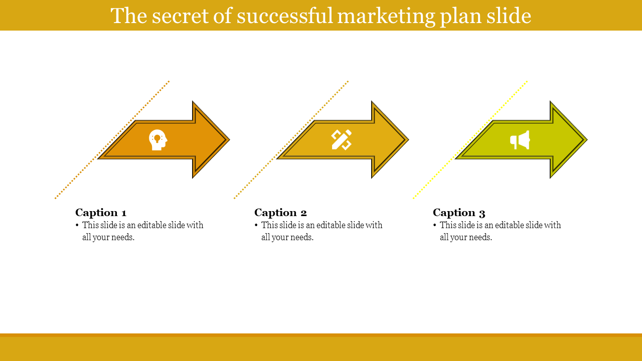 Business and marketing plan slide with three yellow arrows, icons, and captions.