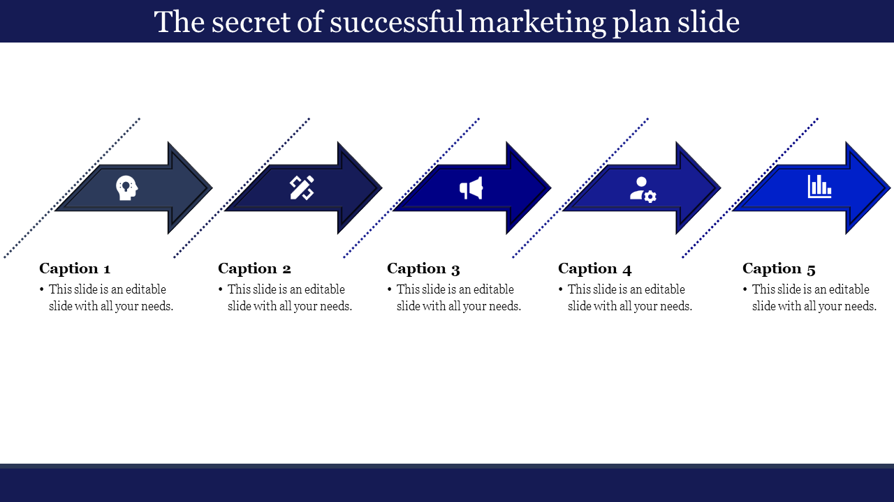 Business and marketing plan slide with five blue arrows, icons, and captions.