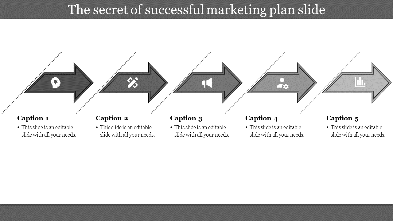 Five step marketing plan slide with gray arrows, icons, and descriptive caption areas beneath each step.