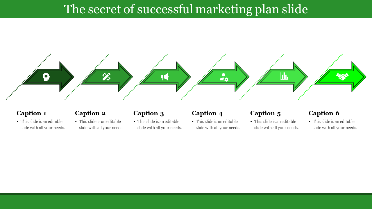 Green themed slide with six arrows in a sequence, each containing icons and corresponding captions below.