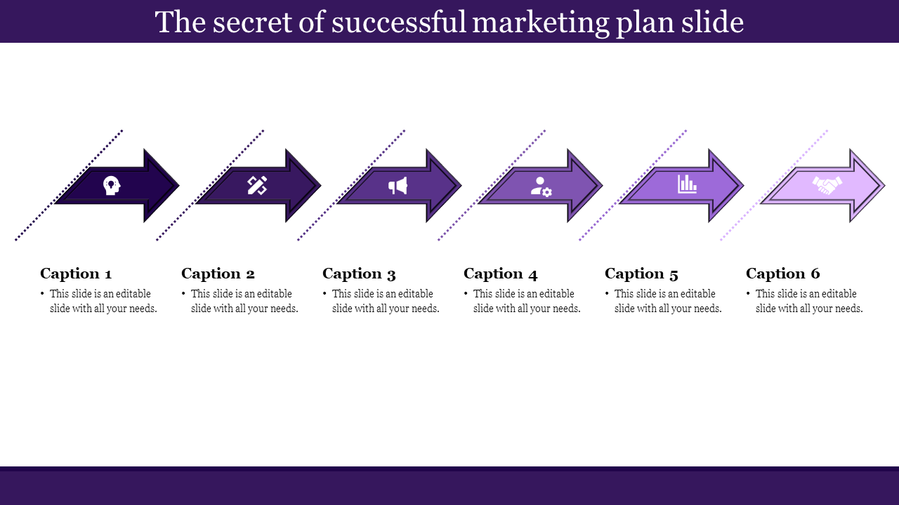 Six arrows in a purple marketing plan template, each representing steps with icons and captions with placeholder text.