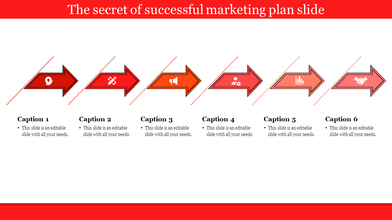 Marketing infographic with six red arrows in sequence, displaying icons for steps such as tools, megaphone, and handshake.