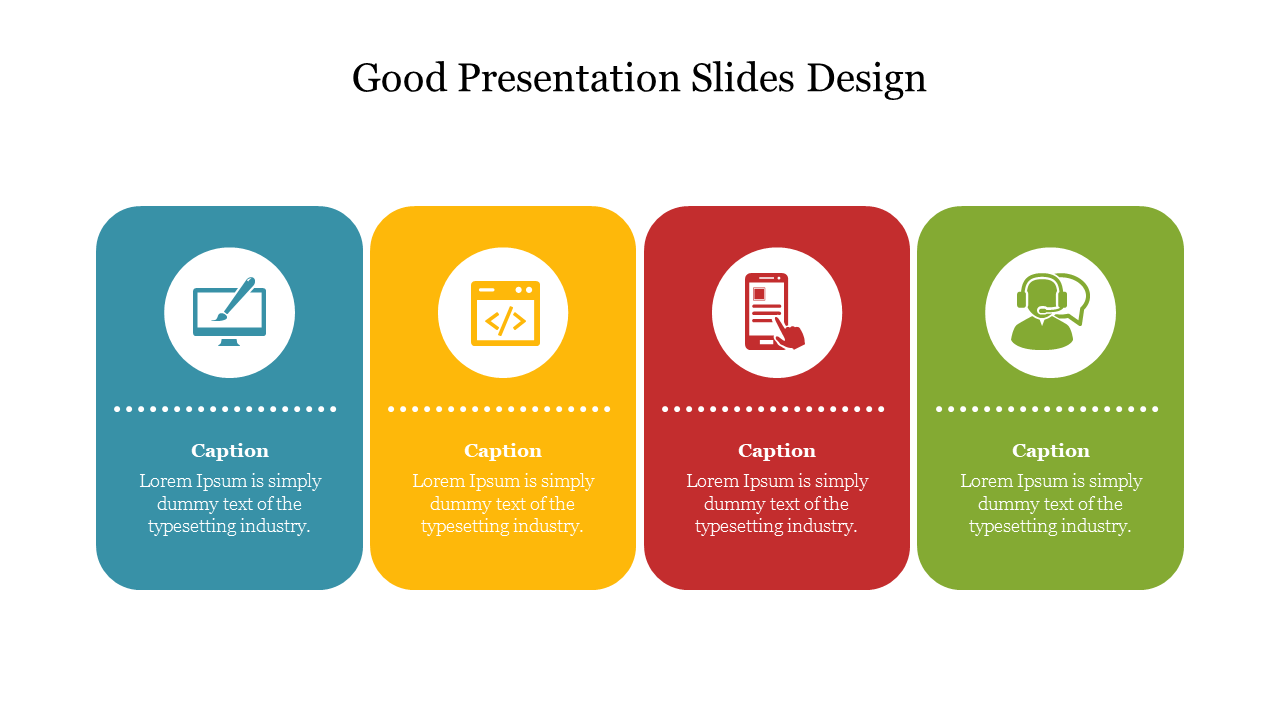 Four colorful cards with icons, representing different aspects of good presentation slide design each with placeholder text.