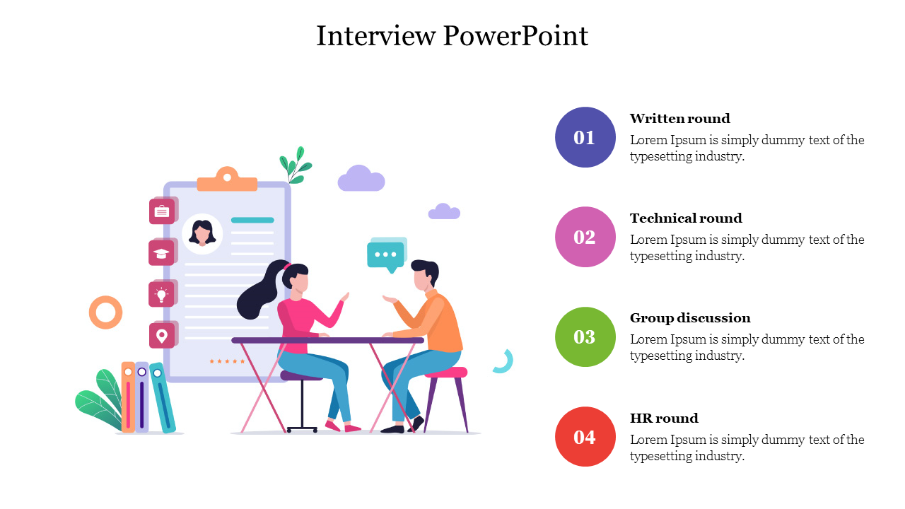 Illustration of two people seated at a table with a clipboard graphic, and four numbered interview stages on the right.