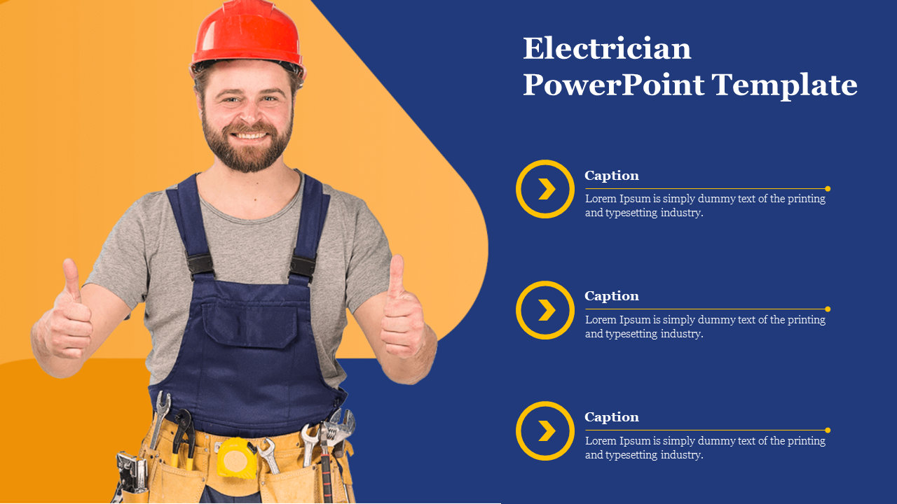 Slide featuring a smiling electrician giving a thumbs up, with captions set against a blue and orange background.