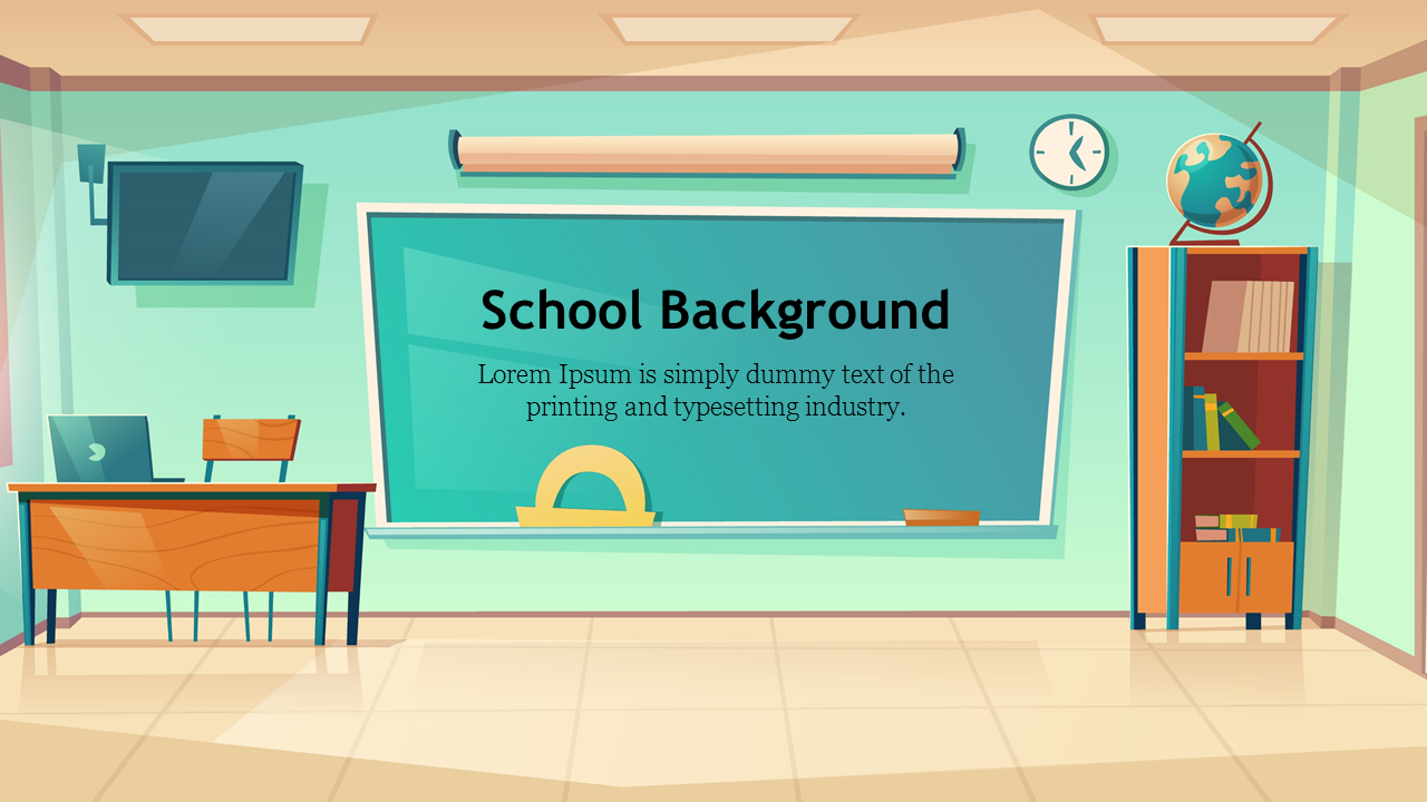 A slide depicting a school background interior with a chalkboard, desk with a laptop, and a bookshelf with a globe.